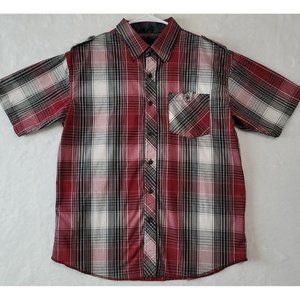 Micros Men's Red Black Plaid Button Down Shirt Short Sleeve Size Medium